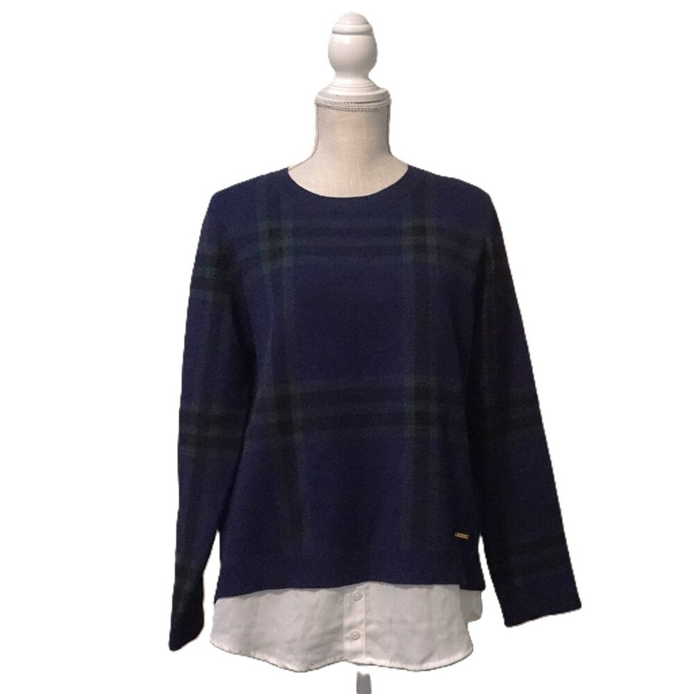 Anne Klein Faux Layered Navy Green Plaid Sweater Women’s Medium
